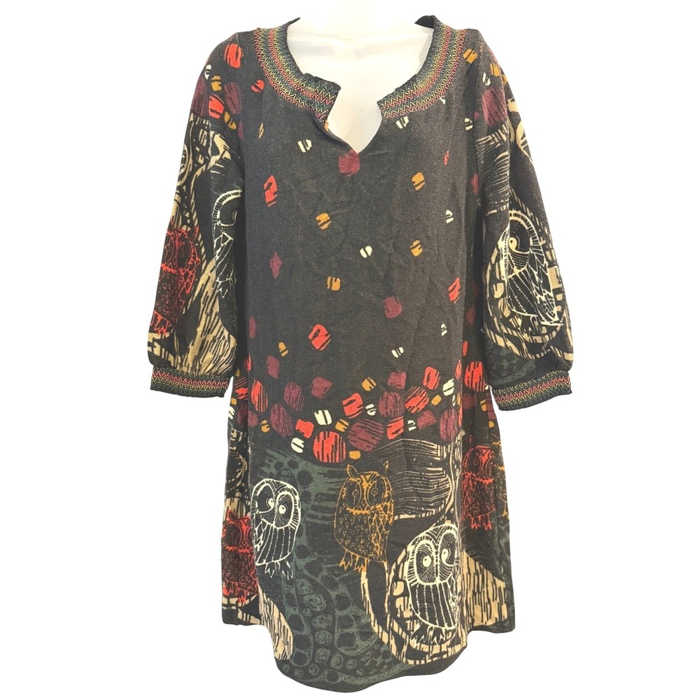 NEW Angie Women Dress Black Owl Knit Mini Split Neck‎ M Boho Whimsy Artsy Bird